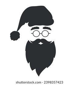 Santa Claus silhouette on white background. Hat, beard, mustache, eyebrows and glasses. Christmas symbol. Vector illustration