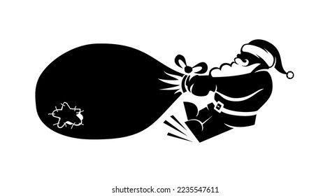 La silueta de Santa Claus jalando una gran bolsa con regalos. Plantilla de vectores para banner, tarjeta de saludo, invitación con espacio de copia de texto