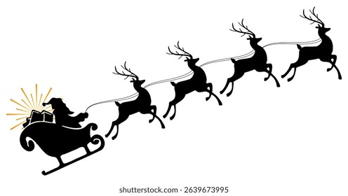 Santa Claus silhouette with reindeer sleigh distributing Christmas gifts