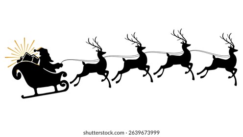 Santa Claus silhouette with reindeer sleigh distributing Christmas gifts