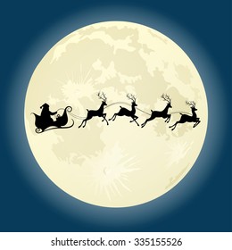 Silueta de Santa Claus cabalgando ciervo frente a la luna. Ilustración del vector