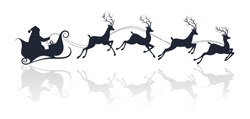 Santa Claus Silhouette Riding A Sleigh With Deers. Vector Illustration