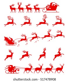 Santa Claus silhouette riding a sleigh with deers. Vector illustration isolated on white background.