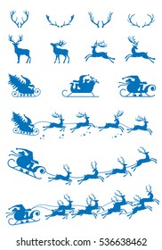 Santa Claus silhouette riding a sleigh with deers. Vector illustration isolated on white background.