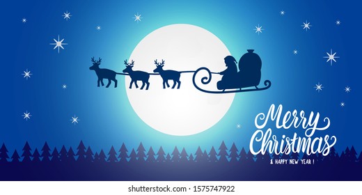 Santa Claus silhouette seen in the moonlight on flying sleigh with deers. Night northern winter forest. Santa delivers Christmas presents. Vector stock illustration banner