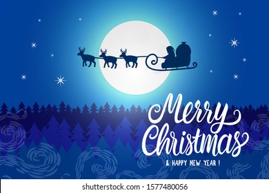 Santa Claus silhouette seen in the moonlight on flying sleigh with deers. Night northern winter forest. Santa delivers Christmas presents. Vector stock illustration card