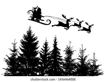 Santa Claus silhouette in a sleigh with deer. Merry Christmas. Vector