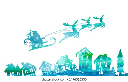 Santa Claus silhouette in a sleigh with deer. Vector