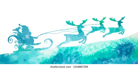 Santa Claus silhouette in a sleigh with deer. Vector