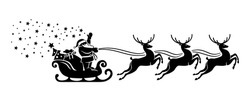 Santa Claus Silhouette In Sleigh With Reindeers Full Of Gifts And  Christmas Tree. Merry Christmas And Happy New Year Decoration. Vector On Transparent Background