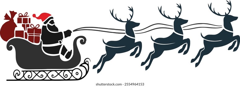 Santa Claus silhouette in sleigh with reindeers full of gifts vector art