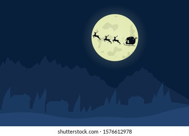 Santa Claus silhouette in sleigh and running deer. Christmas character with gift riding in the night. Winter holiday celebration. Christmas card background. Vector illustration in cartoon style
