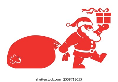 Santa Claus silhouette walking with big sack of presents, waving and shouting or singing. Vector template on transparent background