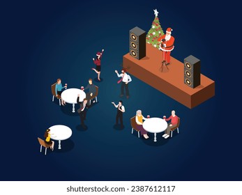 Santa Claus singing Christmas carols on the stage isometric 3d vector illustration concept for banner, website, landing page, flyer, greeting card, etc