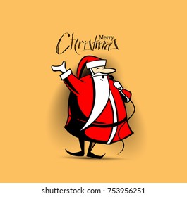 Santa Claus is singing Christmas songs against orange background with vignette