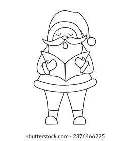 Santa Claus sings a Christmas carol and holds sheet music in his hands. Illustration for a coloring book. Isolated on a white background.