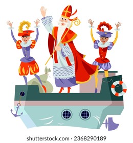 Santa Claus (Sinterklaas) and his helpers with gifts arrive on the ship waving hands to greeters. Christmas in Holland. Vector illustration

