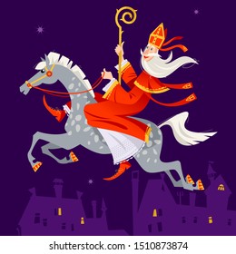 Santa Claus (Sinterklaas) rides a horse over the city at night. Christmas in Holland. Vector illustration.