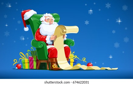 Santa claus sit in armchair and read letter. Christmas character with gift. Winter holiday. Isolated white background. Vector illustration.