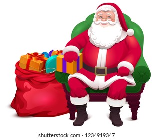 Santa Claus sit in chair and give bag gifts. Christmas vector cartoon illustration isolated on white