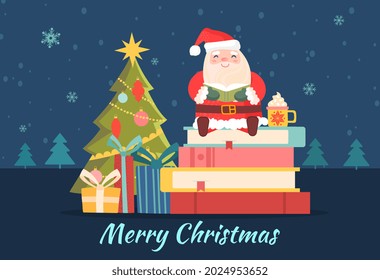 Santa claus sit on book. Character sitting next to tree. Beautiful greeting card or banner. Time for winter holidays. Merry Christmas and Happy New Year. Cartoon vector illustration on blue background