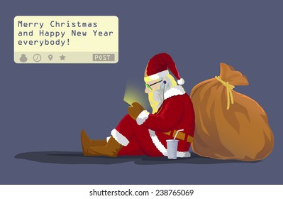 Santa claus sit on the ground  lean on his gift bag sending a post " Merry Christmas and Happy New Year everybody!" from his mobile phone 