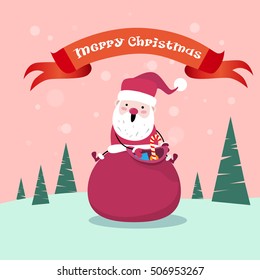 Santa Claus Sit On Red Sack With Present, New Year Christmas Holiday Gift Box Flat Vector Illustration