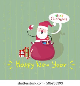 Santa Claus Sit On Red Sack With Present Making Selfie Photo, New Year Christmas Holiday Flat Vector Illustration