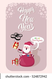 Santa Claus Sit On Red Sack Drone Delivery Present, New Year Christmas Holiday Vector Illustration