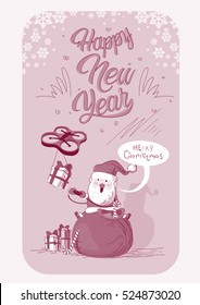 Santa Claus Sit On Red Sack Drone Delivery Present, New Year Christmas Holiday Vector Illustration