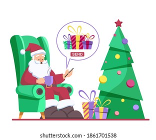 Santa Claus sits in a chair and sends christmas gifts in the phone app. Merry christmas and happy new year concept.