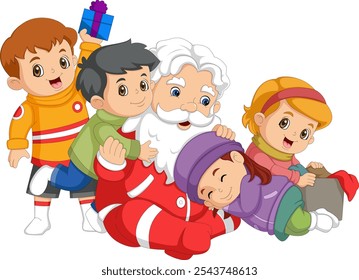 Santa Claus sits with the children, tells stories and gives out gifts. Merry Christmas and happy New Year. Funny cartoon character. Vector illustration. Isolated on white background of illustration