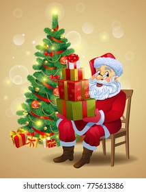 Santa Claus sits and holds gifts beside a Christmas tree, a vector illustration in traditional style