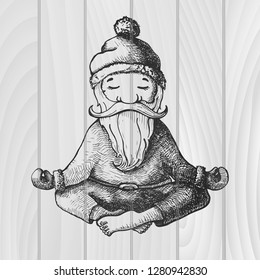 Santa Claus sits in a lotus position, engaged in yoga. Vector illustration. Hand drawn. Sketch isolated on wooden background. 