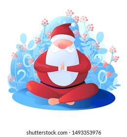 Santa Claus sits in a lotus position. Santa Claus is engaged in yoga. Vector illustration in flat style.