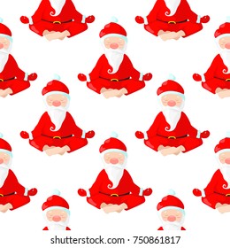 Santa Claus sits in a lotus position. Santa Claus is engaged in yoga. Vector illustration in cartoon style. Seamless pattern