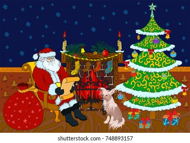Santa claus sits near fireplace and read wish list. Christmas greeting card with interior where there are pine tree and dog.