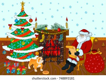 Santa claus sits near fireplace and read wish list. Christmas greeting card with interior where there are pine tree and dog.