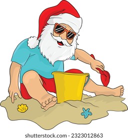 Santa Claus sits on beach sand - a summer Christmas vector illustration isolated on white background