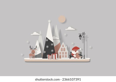 Santa Claus se sienta en un banco cerca de la casa con lámpara de calle y lee un pergamino con lista de regalos. El reno está esperando a Santa Claus cerca del árbol de Navidad. Estilo de corte de papel. Vector de Navidad aislado