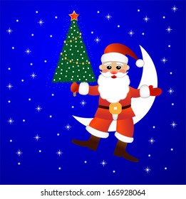 Santa claus sits on a moon with a fir-tree in hands,  vector  illustration