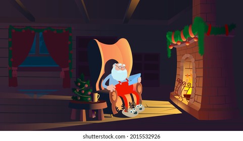 Santa Claus is sitting in an armchair in front of the fireplace and reading his tablet. Clipping mask used.