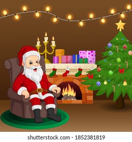Santa Claus sitting in armchair near fireplace and christmas tree in living room