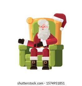 Santa Claus is sitting in an armchair and reading a list of Christmas wishes. Flat style vector illustration.