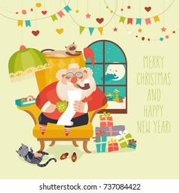 Santa Claus sitting in armchair and reading letter