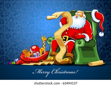 santa claus sitting in armchair with sack of gift reading vector illustration