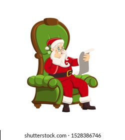 Santa Claus is sitting in a beautiful green armchair and reading a child’s letter. Christmas illustration. Element of a festive decor. New Year's illustration on white background. Vector Christmas Scene