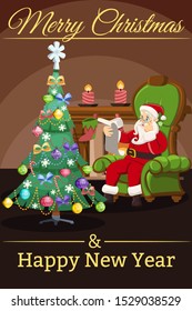 Santa Claus is sitting in a beautiful green armchair against the background of a fireplace and gifts that reads a child s letter. Christmas illustration for a postal card. New Year s card