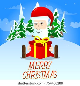 Santa Claus sitting with big Christmas gift box. Vector cartoon character illustration.