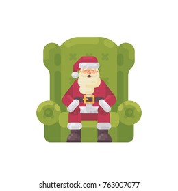 Santa Claus sitting in a big green armchair. Christmas character flat illustration